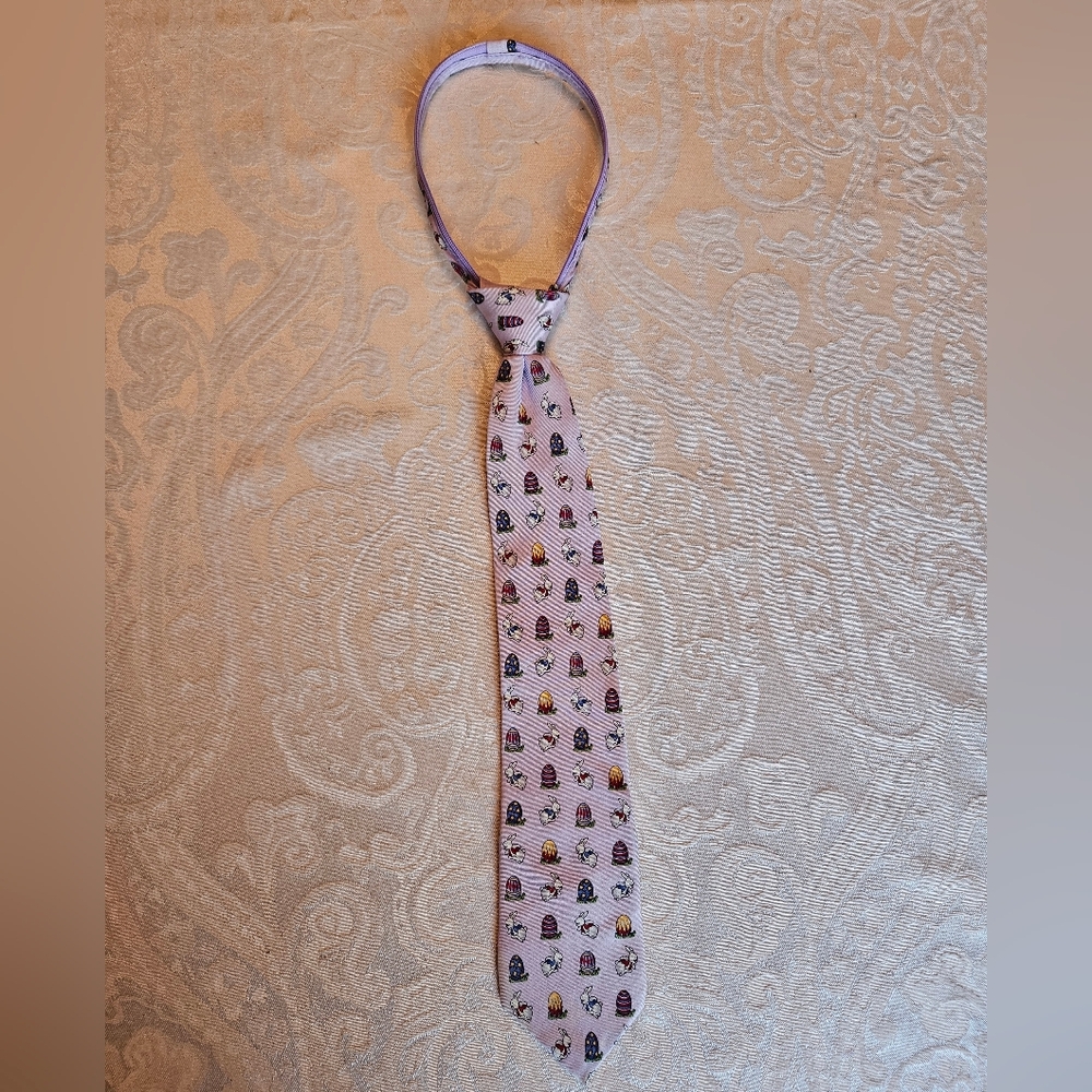 Vintage Club Room Kids Mauve Easter Bunny Eggs Spring Zip Tie 100% Silk RARE